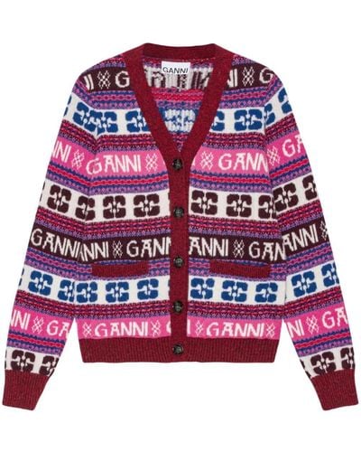 Ganni Cardigan In Lana Jacquard Con Motivo Logo - Rosso