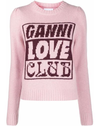 Ganni Embroidered-logo Crew-neck Jumper - Pink