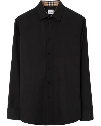 Burberry Camicia a iche lunghe con ricamo tono su tono in cotone stretch - Nero