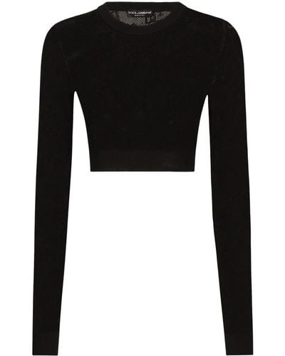 Dolce & Gabbana Cropped mesh-stitch viscose sweater with all-over jacquard dg logo - Nero
