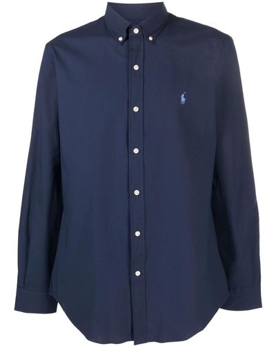 Polo Ralph Lauren Camicia Slim Fit In Popeline Di Cotone Stretch Blu Notte Con Pony Azzurro