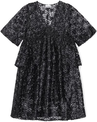 Ganni Bow-pattern Tulle Minidress - Black