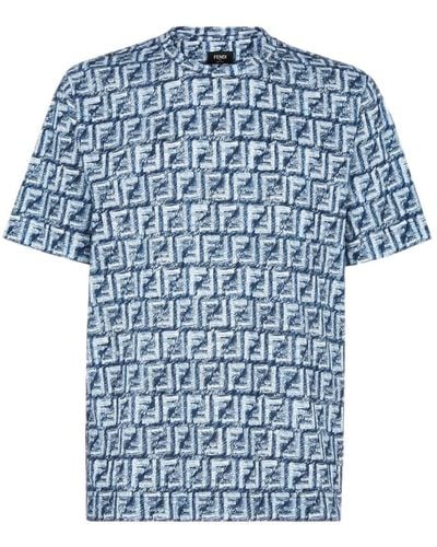 Fendi T-shirt In Cotone Ff Blu - Blue