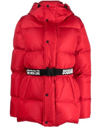 DSquared² Hooded Belted Puffer Jacket - Red