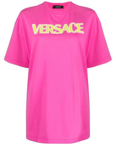 Versace T-shirt con look vissuto e logo - Rosa