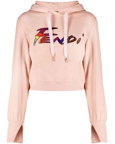 Fendi Logo Embellished Cropped Hoodie - Pink