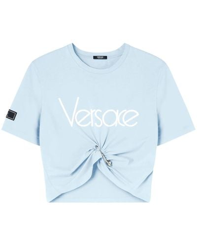 Versace Logo-Print Cropped Cotton T-Shirt - Blue