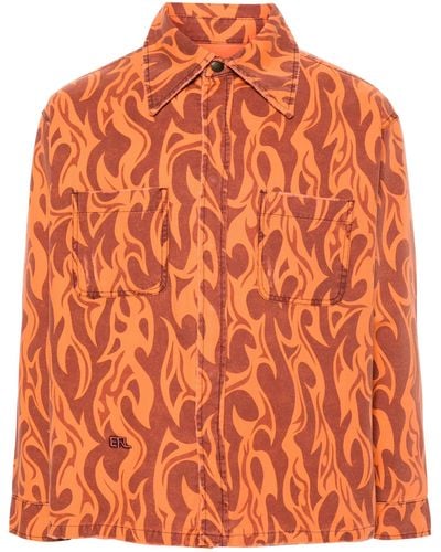 ERL Giacca-camicia in tela con stampa fiamme - Arancione