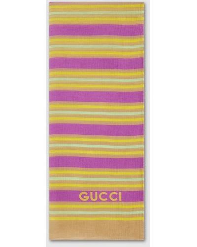 Gucci Striped Printed Silk Cotton Scarf - Yellow
