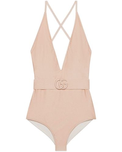 Gucci Sparkling Jersey Swimsuit With Double G - Natural
