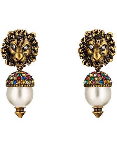 Gucci Lion Head Earrings With Pearl - Multicolor
