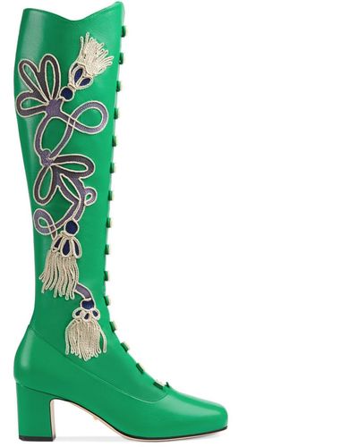 Gucci Amaya Embroidered Leather Boots - Green