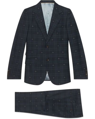 Gucci Fitted Bee Check Wool Suit - Blue