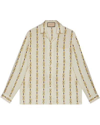 Gucci Interlocking G Horsebit Print Silk Shirt - Natural