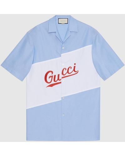 Gucci 【公式】 (グッチ) スクリプト ロゴ オーバーサイズ ボウリングシャツライトブルー コットンブルー