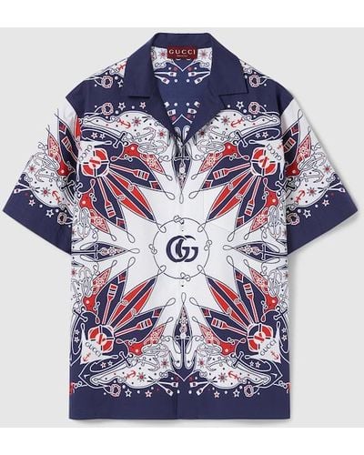 Gucci Double G Bandana Print Cotton Shirt - Blue