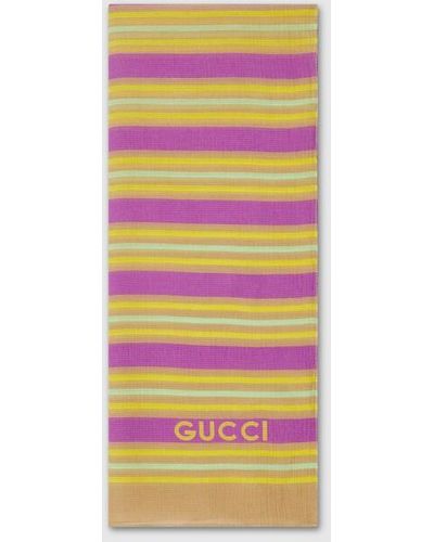 Gucci Striped Printed Silk Cotton Scarf - Yellow