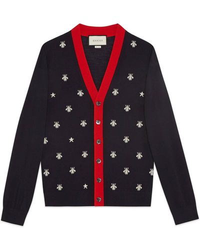 Gucci Wool Cardigan With Bees And Stars - Blue