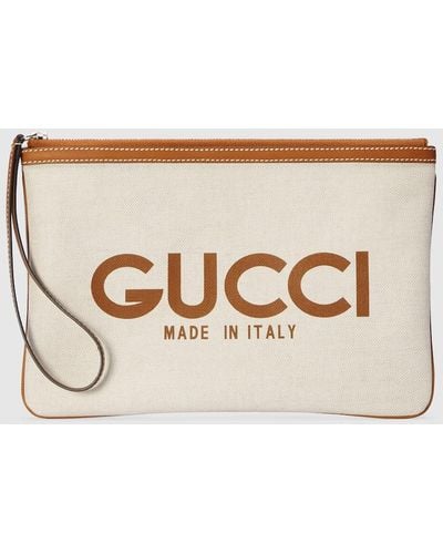 Gucci Logo-print Leather-trim Canvas Clutch - Natural
