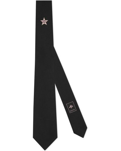 Gucci Silk Tie With Interlocking G Star - Black