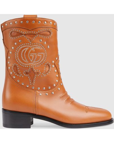 Gucci Boot With Double G And Studs - Brown