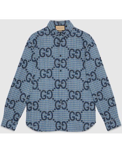 Gucci ジャンボGG チェック ウール シャツ, ブルー, ウェア