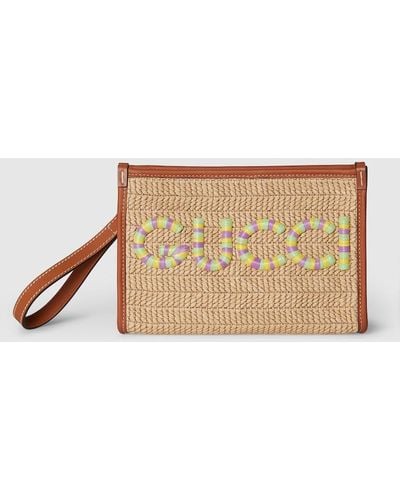Gucci Straw-effect Pouch With Logo - Natural