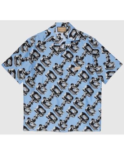 Gucci 3d Glass Horsebit Print Silk Shirt - Blue