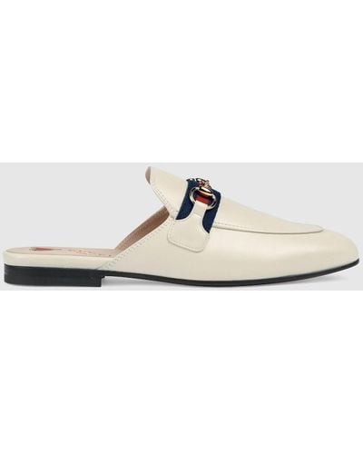 Gucci Leather Web Stripe Princetown Slippers - White