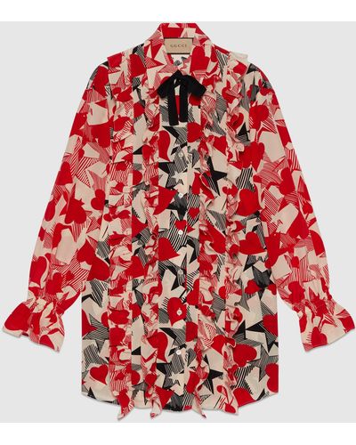 Gucci Stars And Hearts Print Cotton Shirt - Red