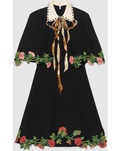 Gucci Embroidered Wool Silk Cape Dress - Black