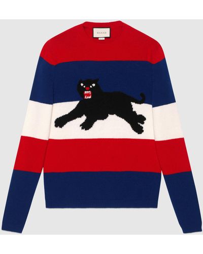 Gucci Wool Sweater With Jacquard Panther - Blue