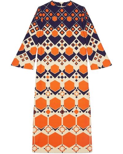 Gucci Long G Hexagon Print Wool Silk Dress - Orange