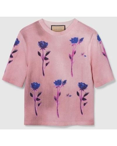 Gucci Floral Print Fine Wool Silk Top - Pink