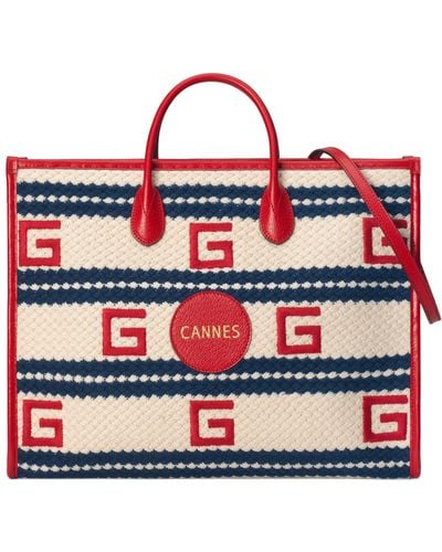 Gucci Cannes Striped Tote Bag - Red