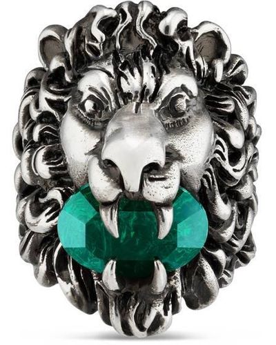 Gucci Lion Head Ring With Crystal - Green