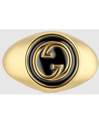 Gucci Blondie Black-enamel Interlocking-g Gold-toned Metal Ring - Metallic