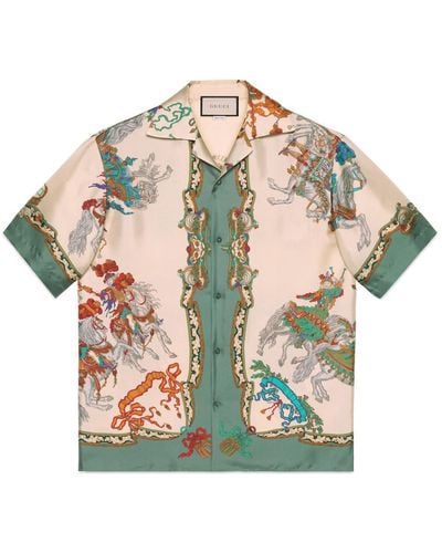 Gucci Silk Bowling Shirt With Jousting Print - Multicolor