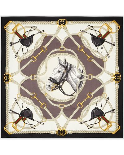 Gucci Equestrian Print Silk Scarf - Metallic