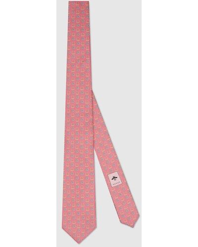 Gucci Stirrup Interlocking G Print Silk Tie - Pink