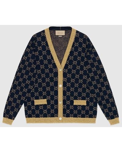 Gucci Monogram-pattern Ribbed-trim Cotton-blend Knitted Cardigan - Blue