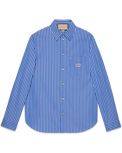 Gucci Striped Cotton Shirt With Embroidery - Blue