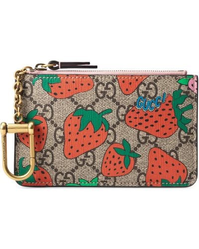 Gucci GG Key Case With Strawberry Print - Natural