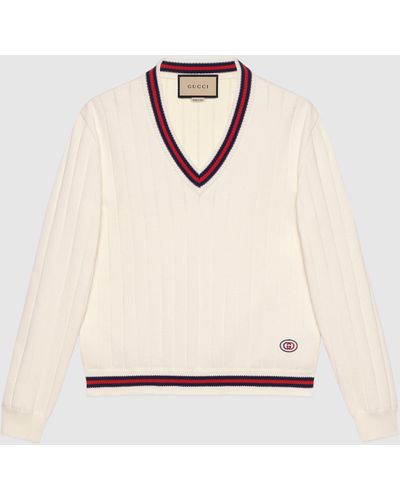 Gucci Cotton Knit V-neck Sweater With Web - White