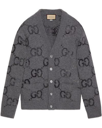 Gucci Wool Cardigan With GG Intarsia - Grey