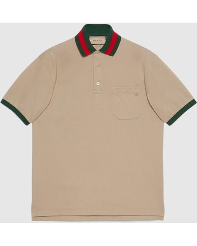 Gucci ウェブ ストライプ カラー(襟)付き コットンピケ ポロシャツ, ベージュ, ウェア - ナチュラル