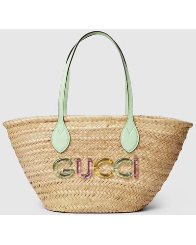 Gucci Small Straw Tote Bag With Logo - Metallic