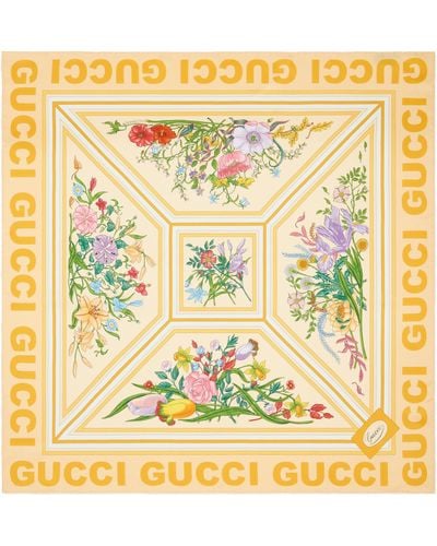 Gucci Floral Print Silk Scarf - Yellow
