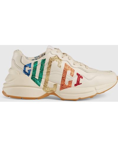 Gucci Rhyton Logo Leather Sneakers - White