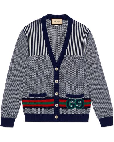 Gucci V-neck Monogram-print Cotton And Wool-blend Cardigan - Blue